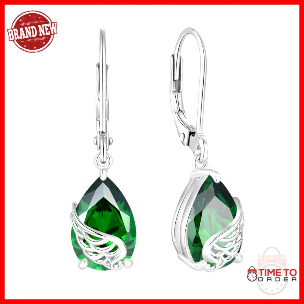 925 Sterling Silver Guardian Angel Wing Drop Earrings Leverback Birthstone